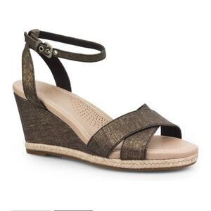UGG Nyssa Metallic Gold Linen Wedge Sandals